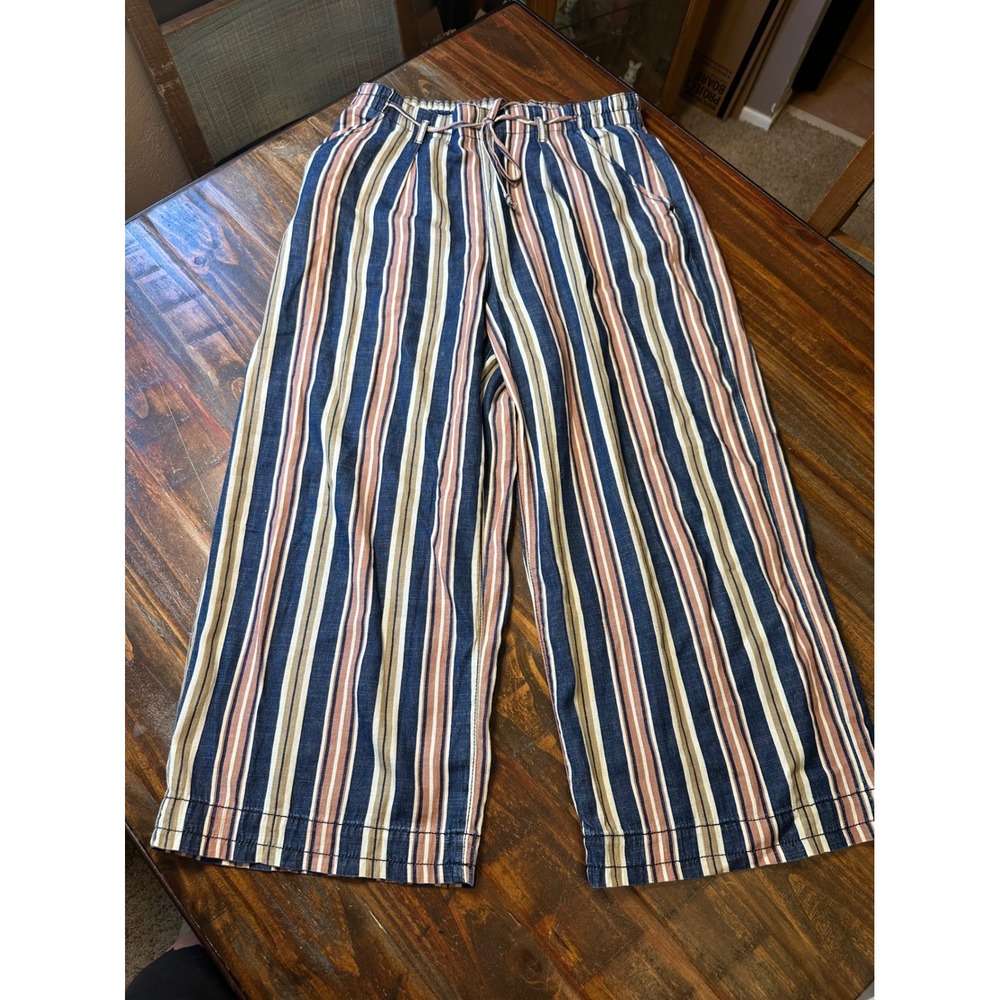 American Eagle Boho Striped‎ Wide Leg Pants Navy Blue Tan Cotton Size 12 Regular